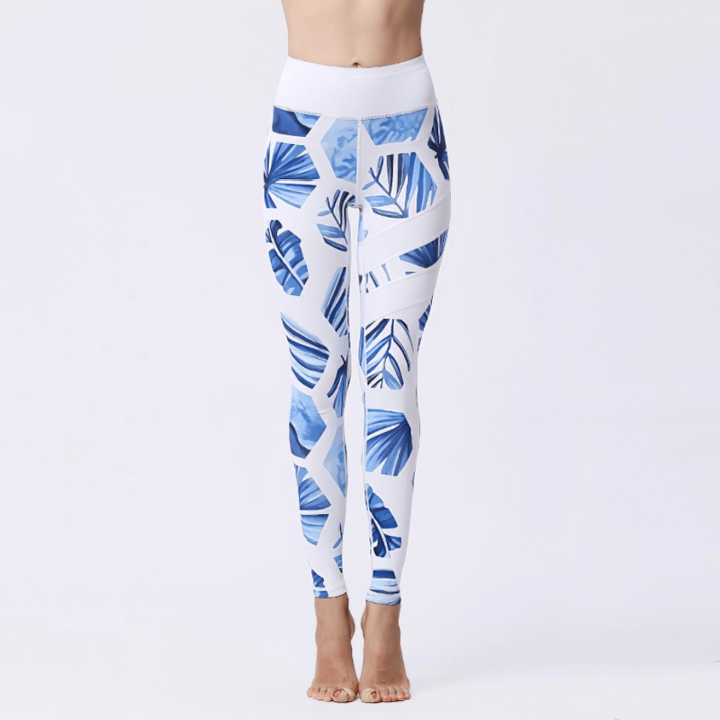 Women's high-waist leggings with blue flower prints, perfect for yoga or fitness. Stretchy, breathable, and stylish.