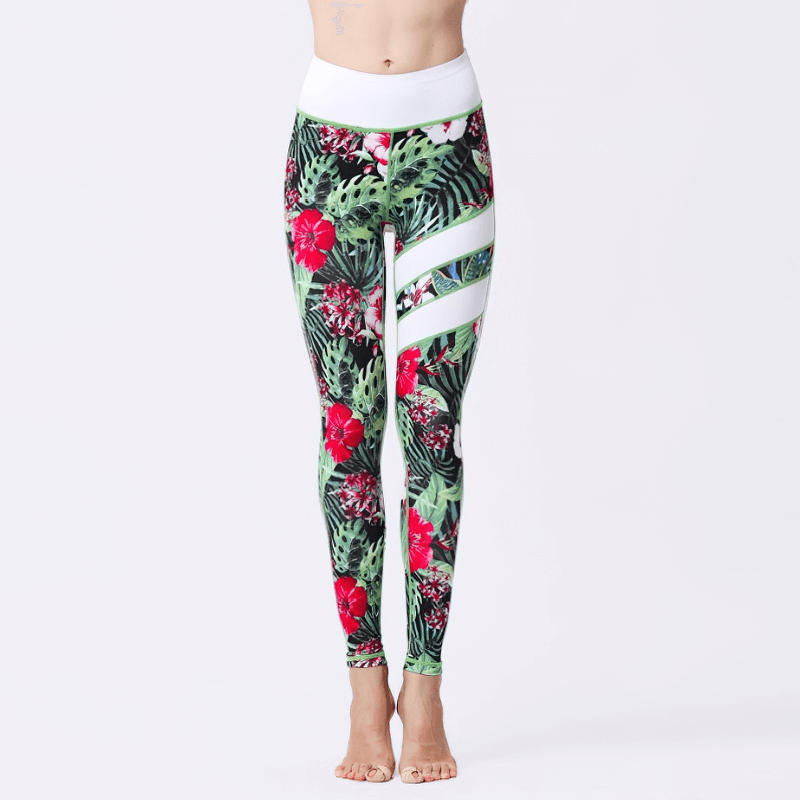 Women's high-waist sports leggings with vibrant flower prints, featuring a slim fit and breathable nylon-spandex blend for active comfort.