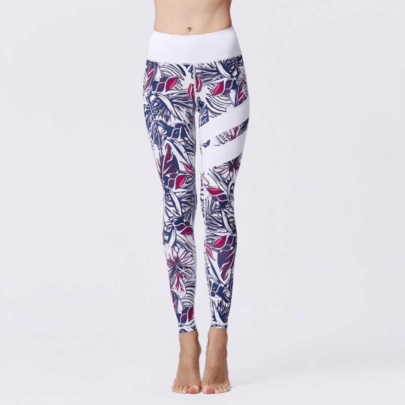 Women's high waist sports leggings with colorful flower prints, showcasing a slim fit and elastic waist closure, ideal for yoga and fitness.