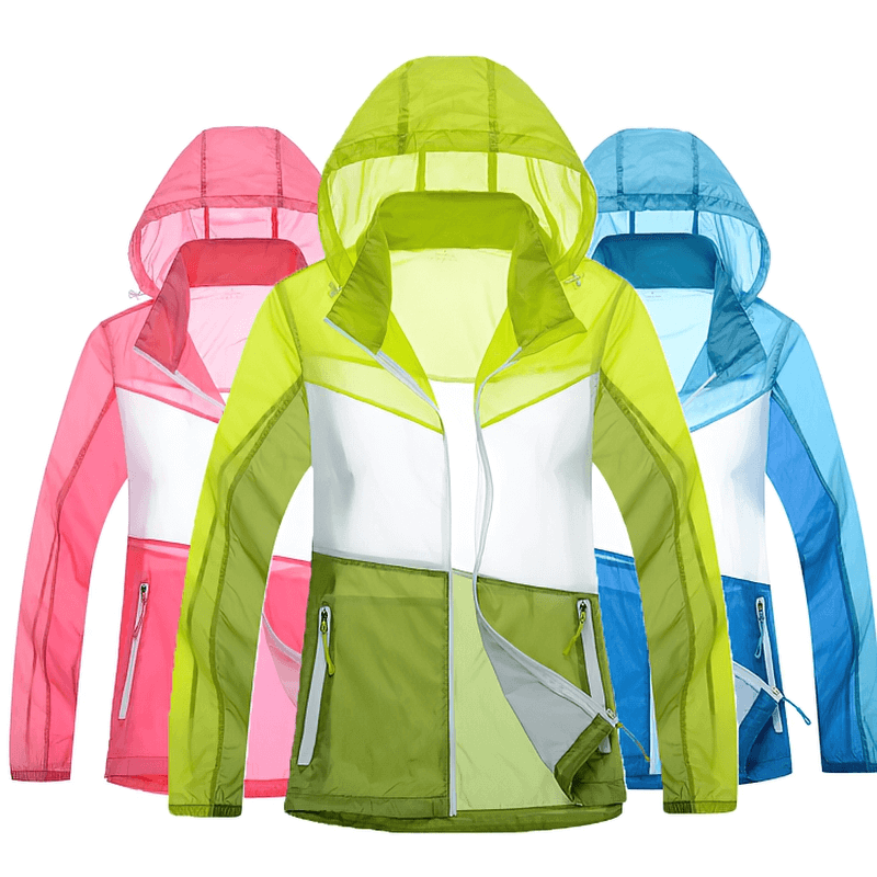 Women's waterproof quick-dry hiking jackets in pink, yellow, and blue with zippers, UV protection, and lightweight polyester.
