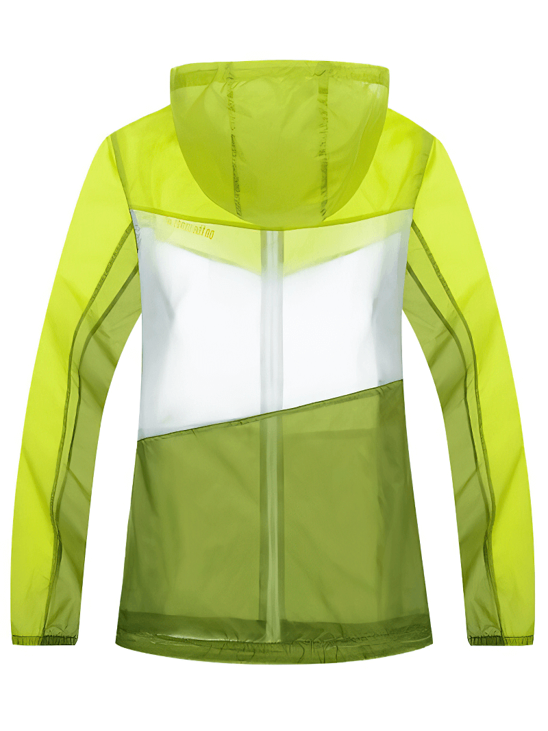 Back view of a women's lightweight hiking jacket with zipper, waterproof and quick-dry, in vibrant green and white color scheme.
