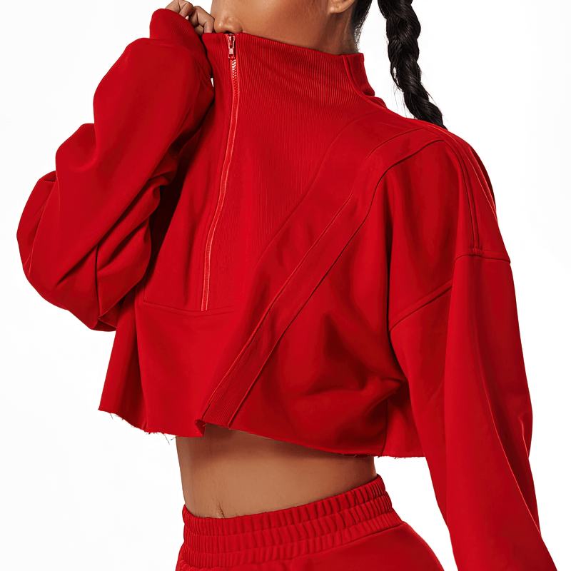 Red cropped sweatshirt, loose fit, long sleeves, breathable cotton, ideal for women's yoga and workouts, SF1016 fashion style.