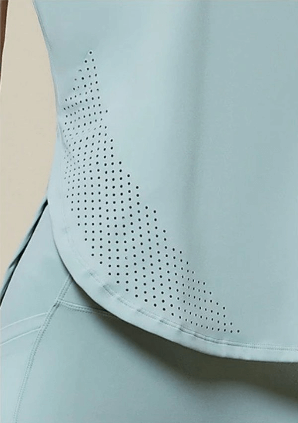 Women's Loose Mesh Breathable Sleeveless Yoga Top showcasing lightweight nylon fabric and perforated design for optimal air circulation.