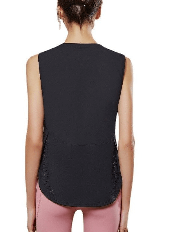 Back view of women's loose mesh breathable sleeveless yoga top in black, designed for optimal performance and comfort. SF0139