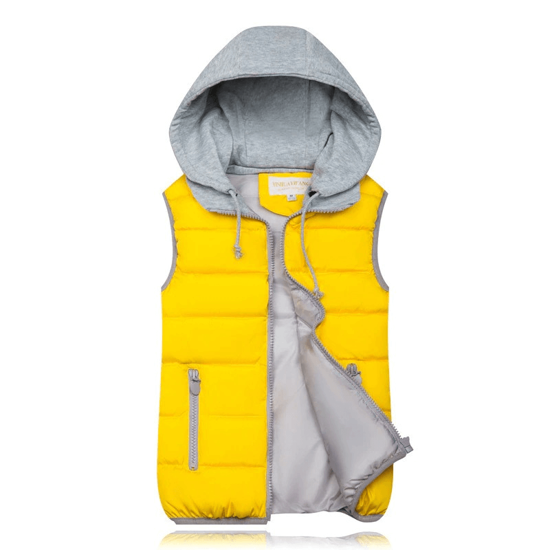 Yellow women's loose slim vest with hood, zip closure, pockets, and thick warm padding. Perfect for winter fashion.