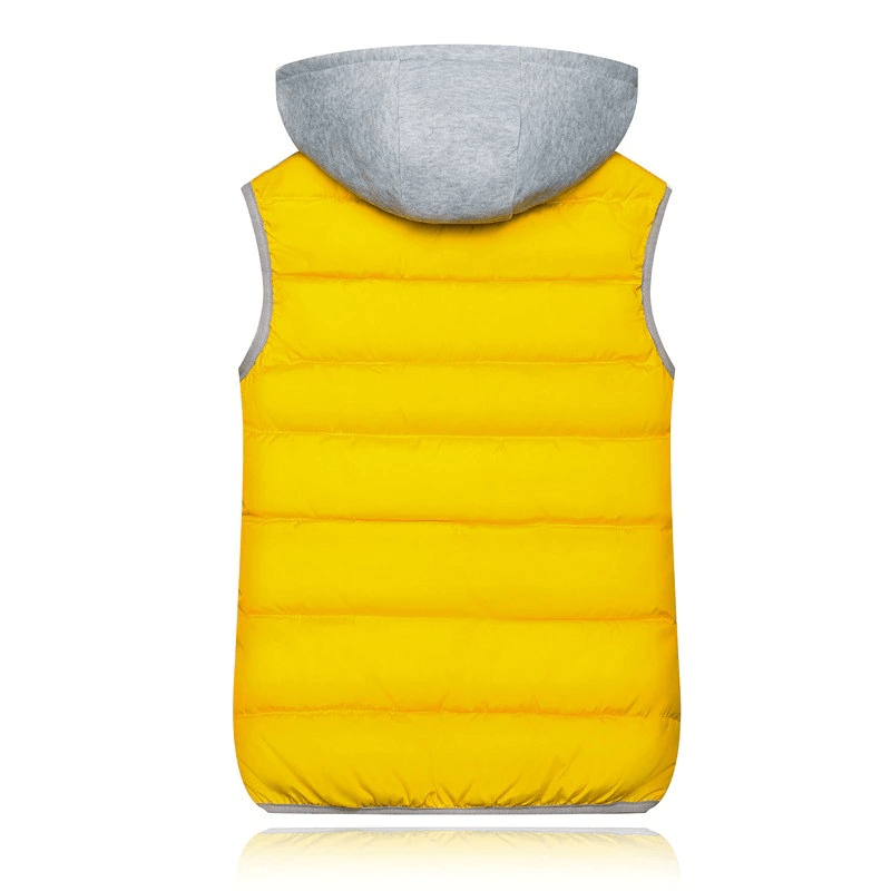 Bright yellow women's vest with a gray hood, slim fit, thick zipper design, perfect for staying warm and stylish in cold weather.