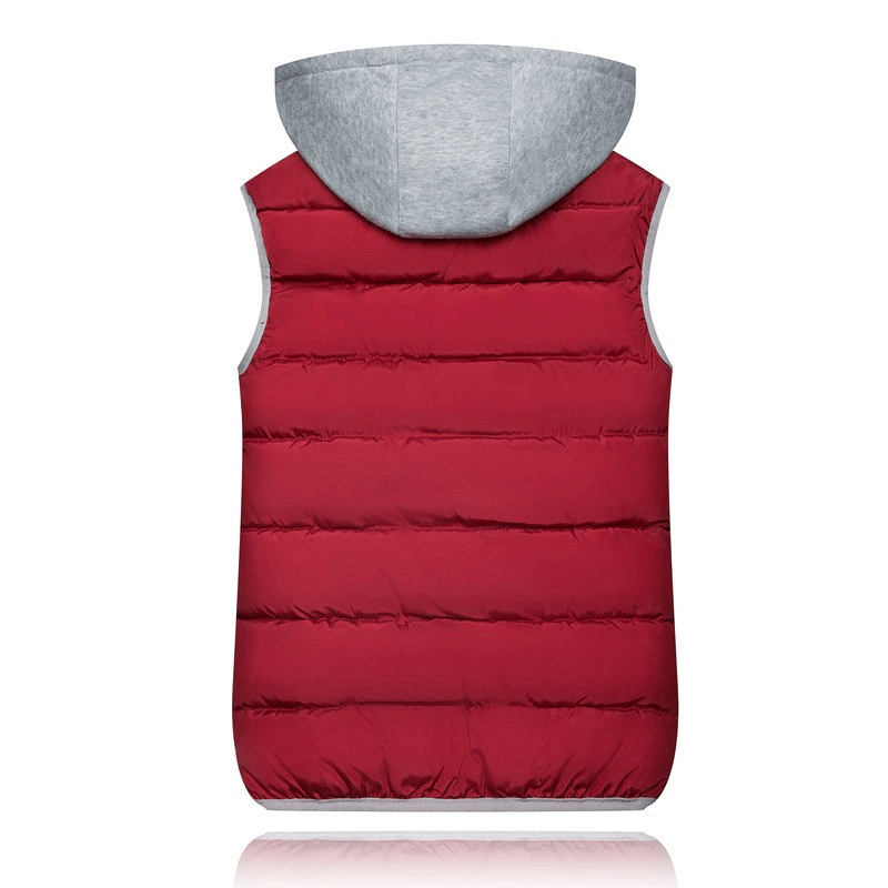 Women's red hooded vest, warm and cozy, featuring a solid pattern and zipper closure, perfect for chilly weather.
