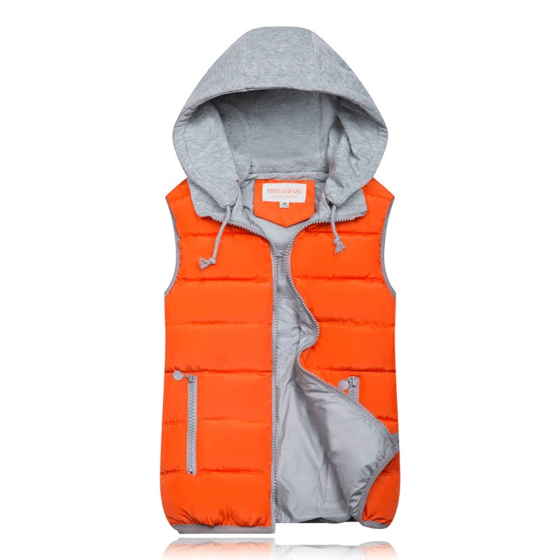 Women's orange hooded vest with zipper and pockets - SF0071, perfect for cold weather, made of cotton and polyester.