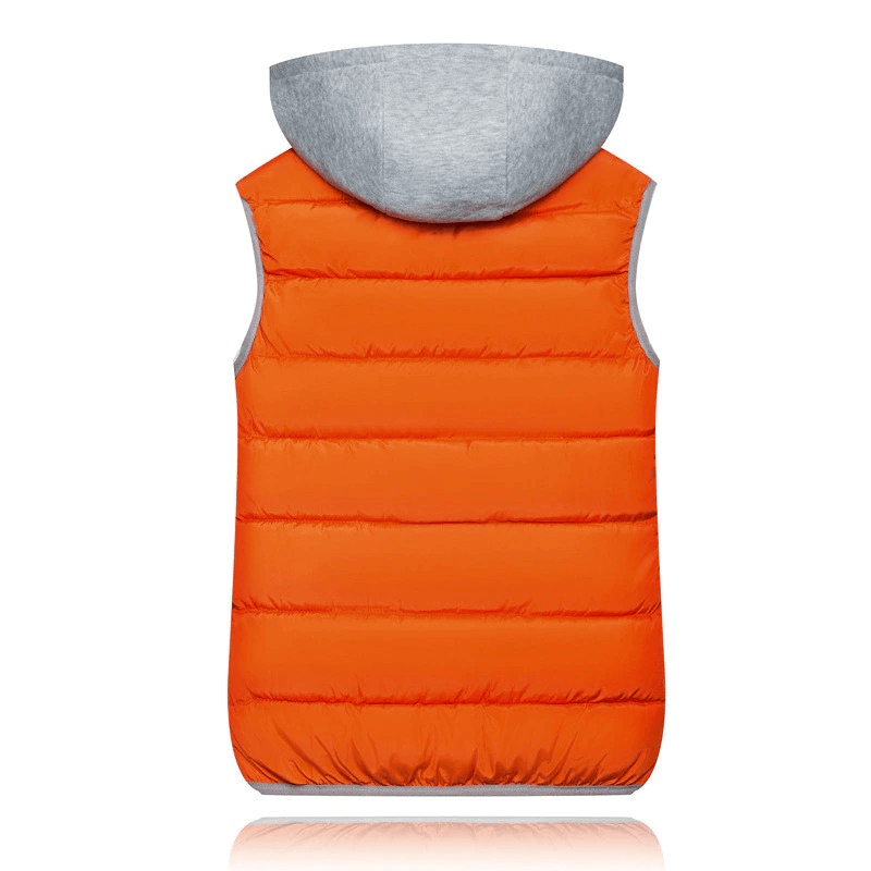 Women's orange puffer vest with gray hood, perfect for chilly weather, featuring zipper closure and warm padding.