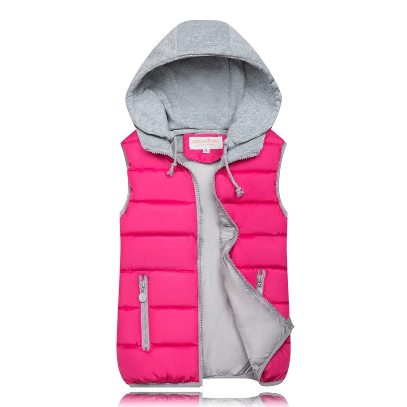 Women's pink puffer vest with gray hood and zipper, perfect for chilly seasons.