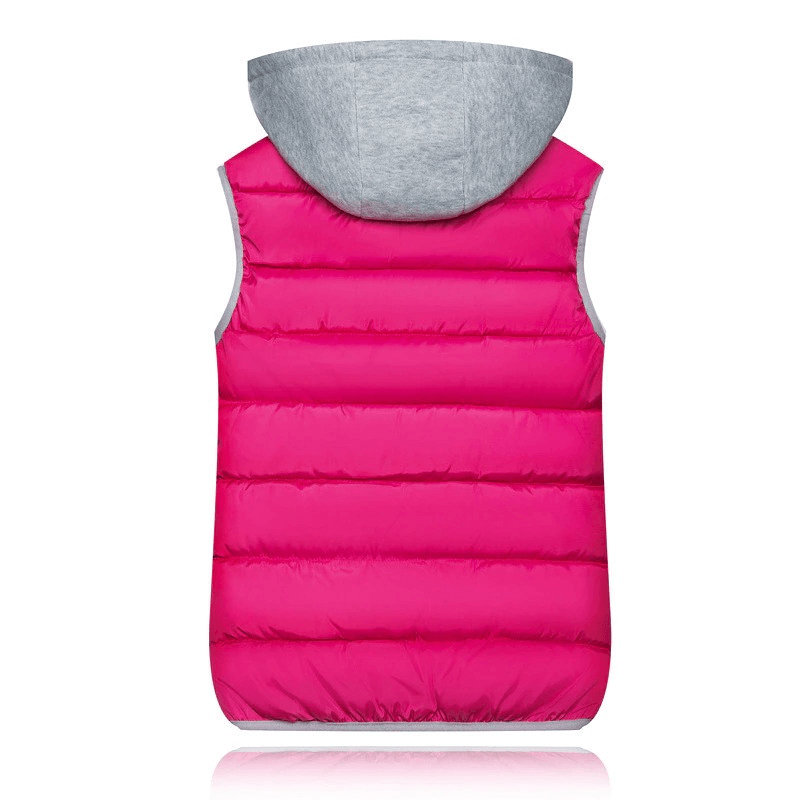 Hot pink women's hooded vest with thick padding, perfect for chilly seasons. Features a solid pattern with a cozy gray hood.