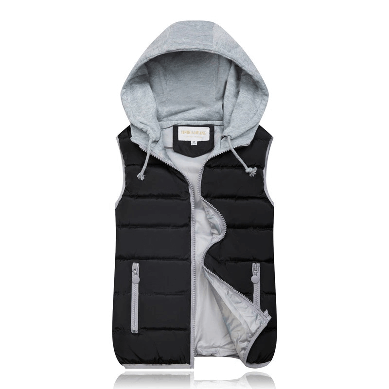 Women's black and gray hooded vest with zippers, SF0071, warm thick outerwear, perfect for chilly weather.