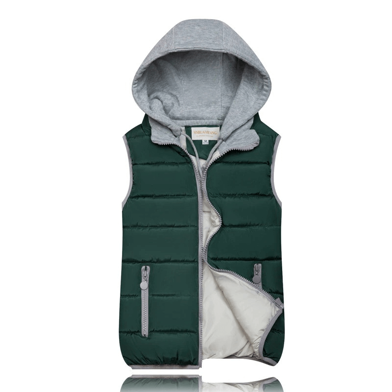 Women's Green Hooded Vest, Slim Fit, Thick Warm, Zipper with Pockets, Cotton Polyester Blend - SF0071