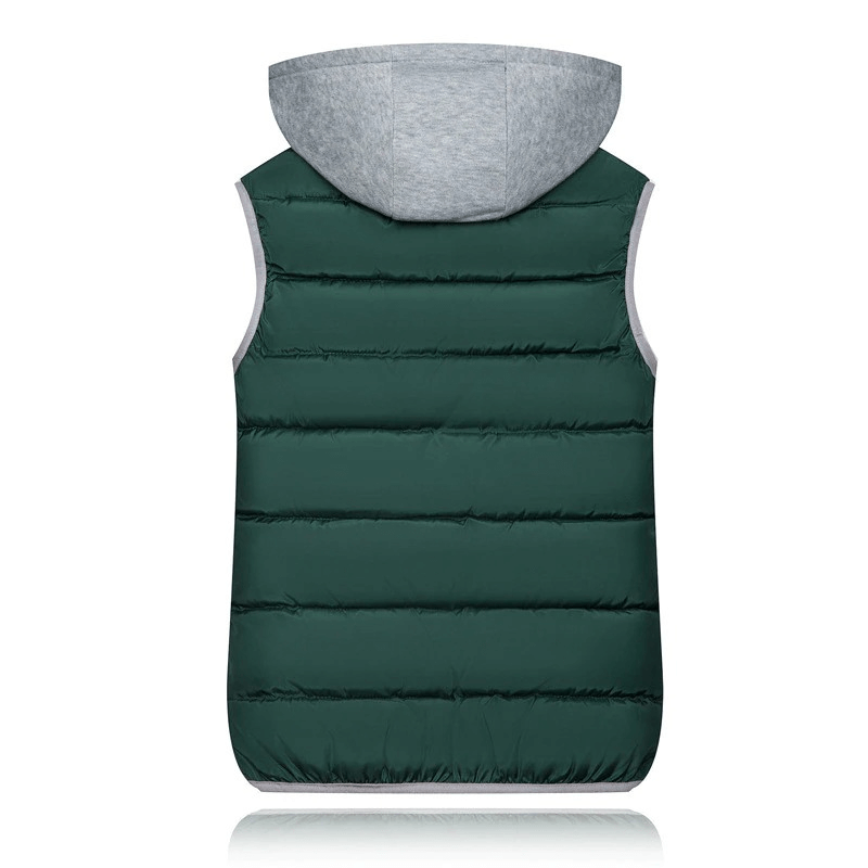 Rear view of green women's hooded slim vest, featuring a solid pattern and cozy design, ideal for chilly seasons.