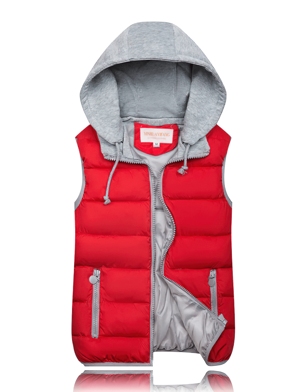 Red women's hooded vest with zipper and pockets, perfect for cold weather.