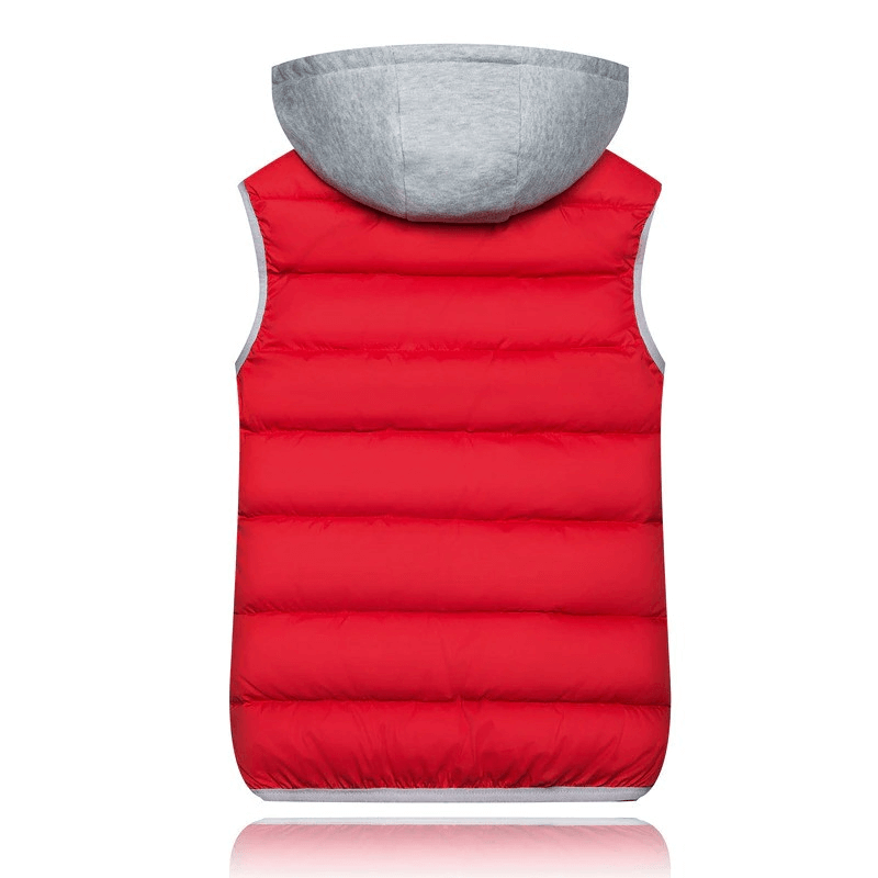 Back view of red Women's Loose Slim Vest with Hood, thick and warm, ideal for cold weather, featuring a solid pattern and zipper pockets.