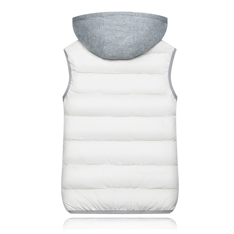 Back view of women's white hooded vest, thick and warm with zipper and pockets for cold weather comfort, style SF0071.