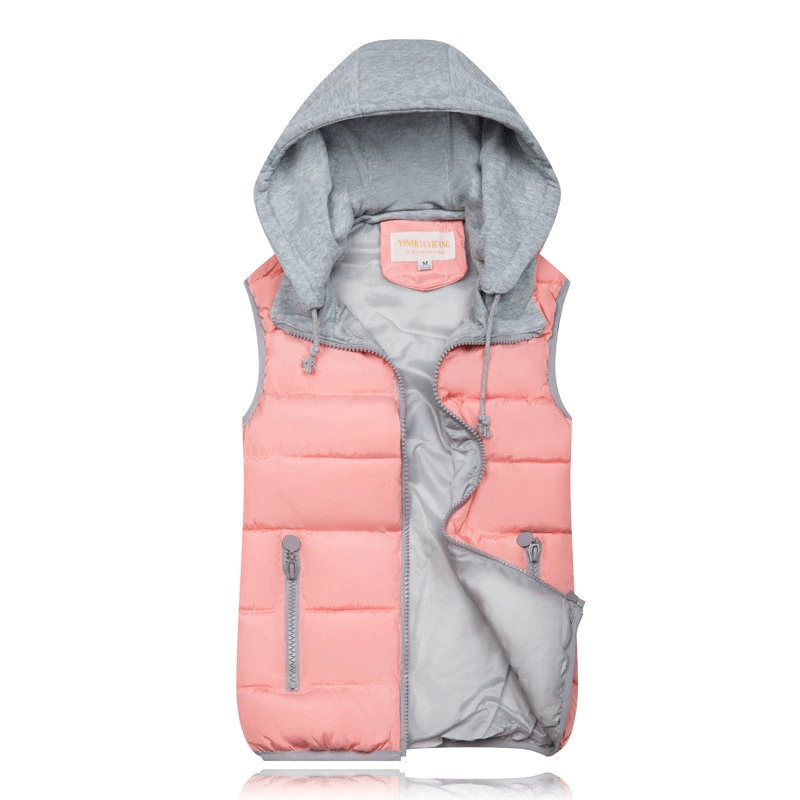 Women's pink hooded vest, slim fit, with zippers and pockets, perfect for cold weather. Ideal for a cozy, stylish look - SF0071.