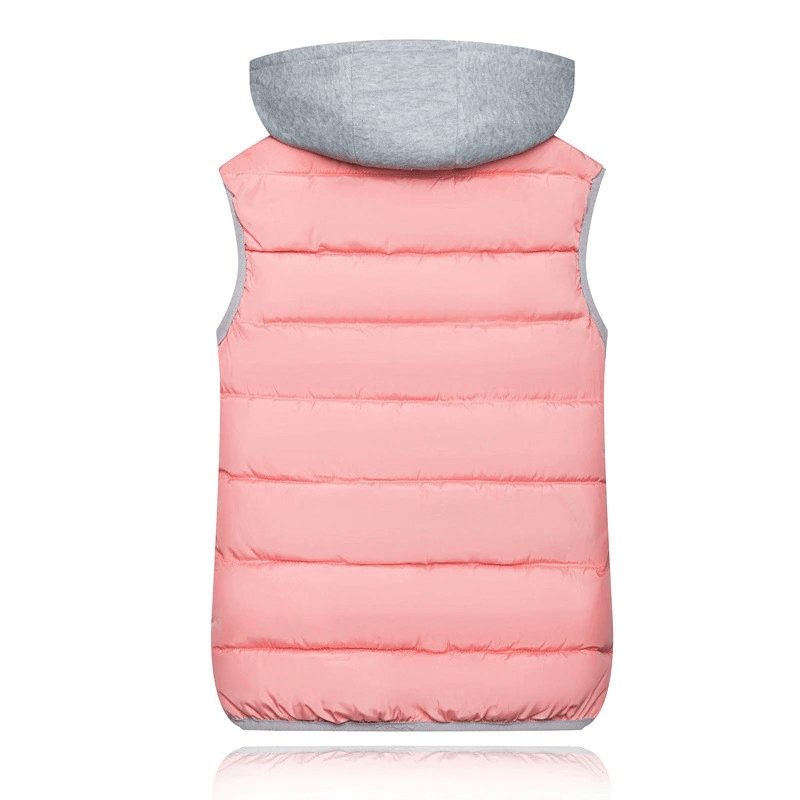 Back view of women's pink puffer vest with grey hood and zipper, perfect for cold weather