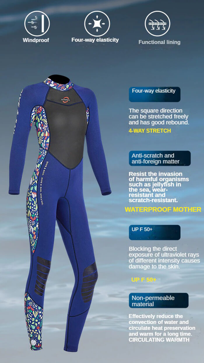 Women's neoprene thermal wetsuit with UV protection and colorful side design, ideal for water sports enthusiasts. SF0695.