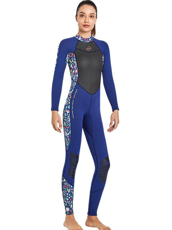 Women's neoprene one-piece thermal wetsuit, blue with colorful accents, designed for warmth and flexibility in water sports.