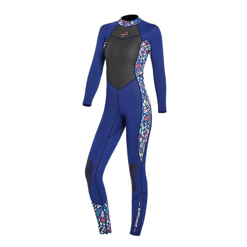 Women's neoprene thermal wetsuit SF0695, blue with floral accents, 3mm thickness for warmth and flexibility, ideal for water sports.