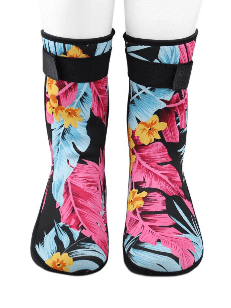 Colorful women's neoprene printed diving socks with non-slip design, ideal for camping and hiking, featuring floral patterns.