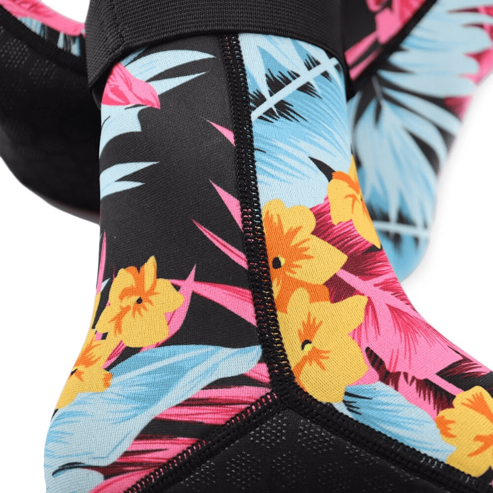 Women's neoprene printed diving socks with vibrant floral pattern, offering non-slip stability and comfort for outdoor activities.