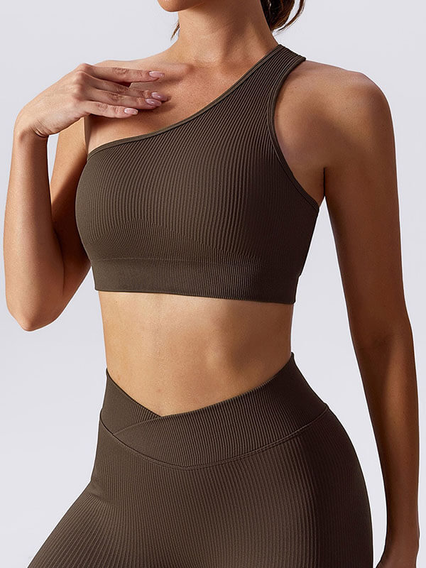 Women's one-shoulder sexy sports bra in brown, perfect for fitness and activewear, breathable nylon and spandex material. SF1045.