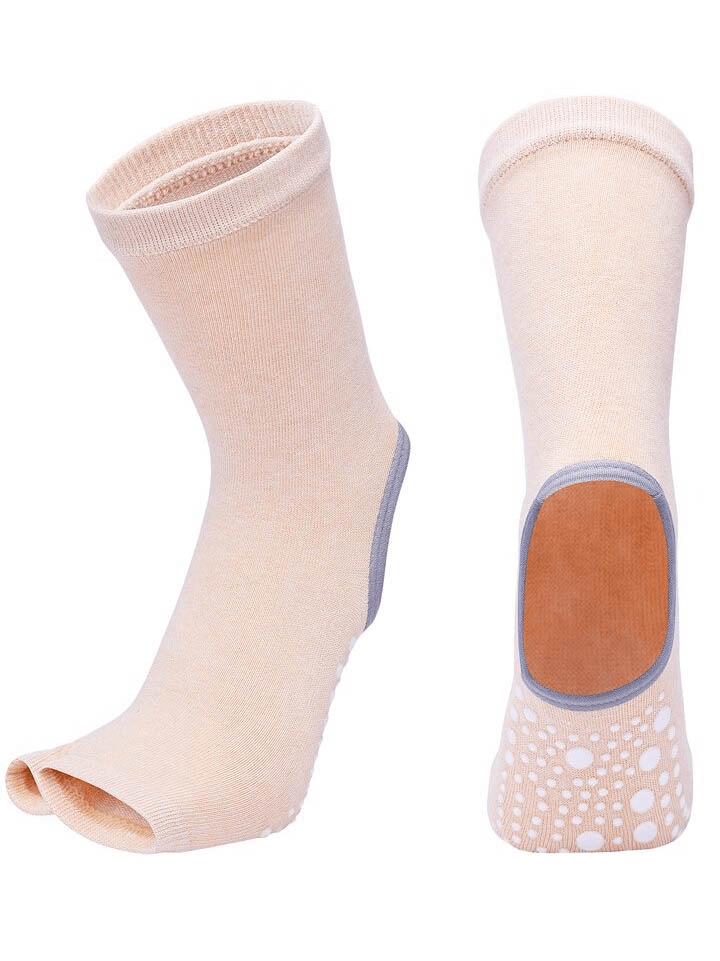 Women's open toe non-slip yoga socks with silicone sole, beige color, side and bottom view showing anti-skid design, SF0327