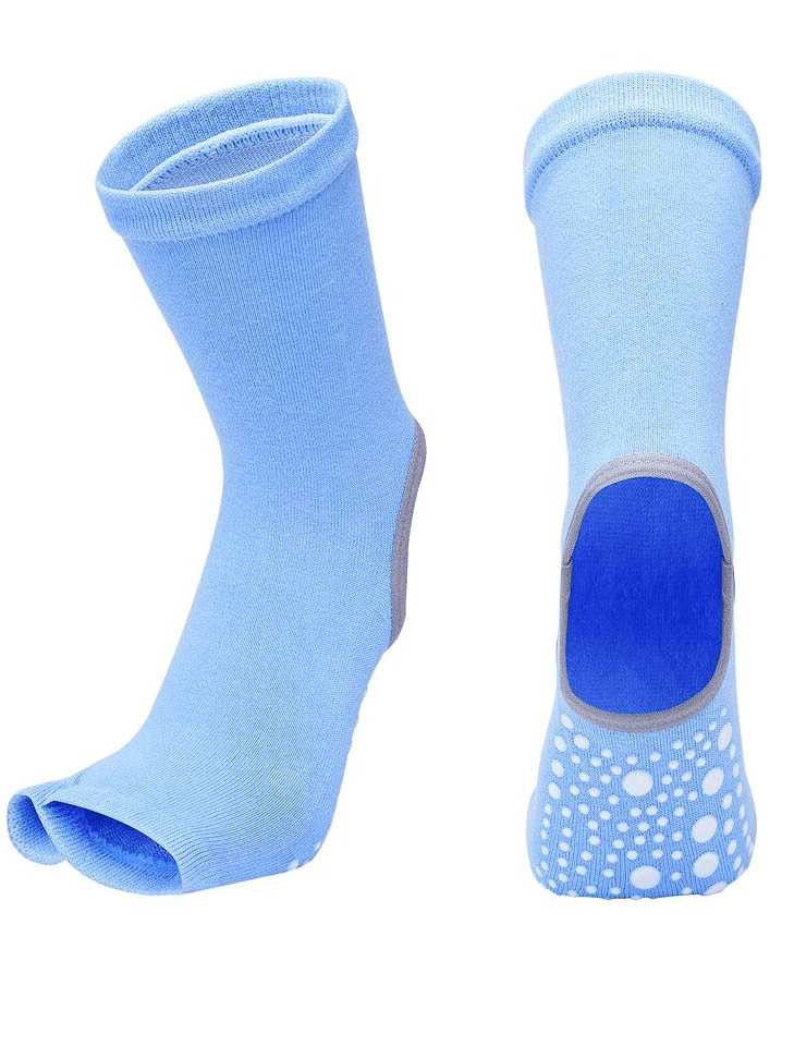 Women's blue open toe yoga socks with non-slip silicone sole for grip and stability, perfect for dance and fitness.
