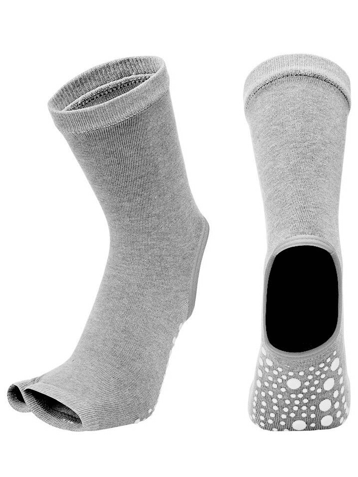 Gray women's open toe yoga socks with non-slip silicone sole, designed for stability and comfort in yoga and fitness activities.