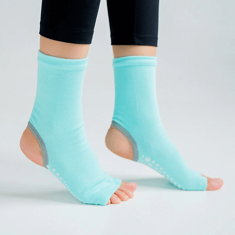 Women's open toe non-slip yoga socks with silicone sole in blue, offering excellent grip and stability for yoga and dance.