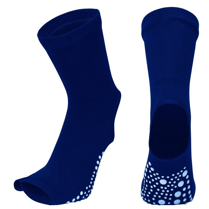Blue women's open toe non-slip yoga socks with silicone sole for grip, perfect for yoga, dance, and fitness.