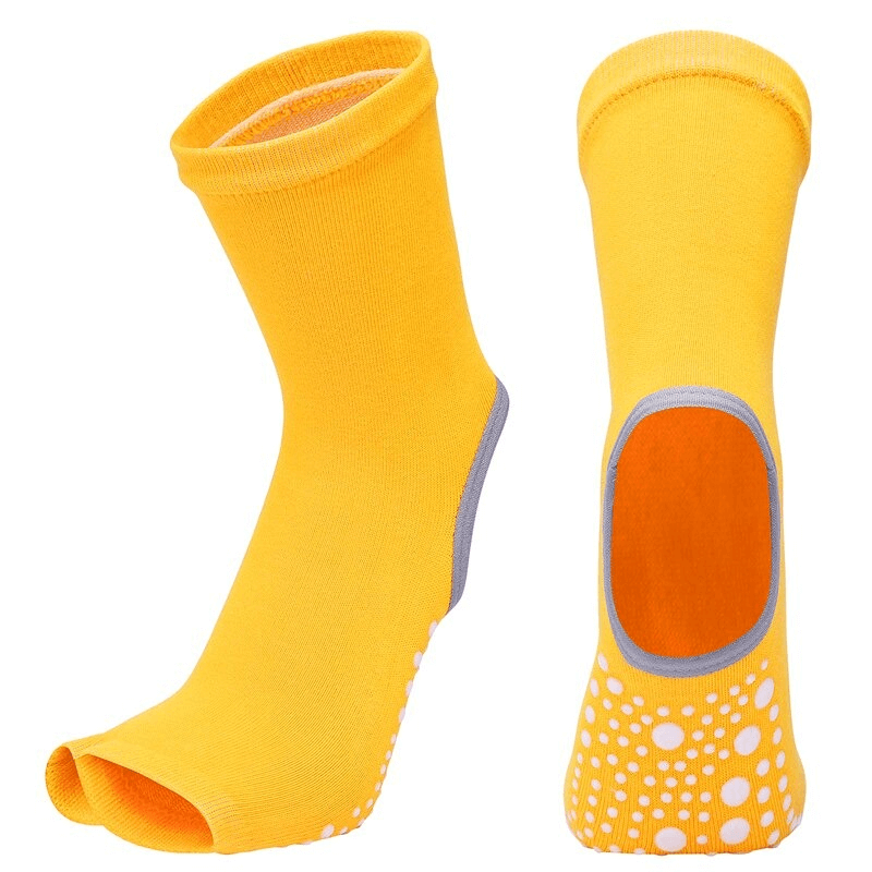 Yellow open toe yoga socks with non-slip silicone soles, perfect for stability in dance, yoga, and fitness routines.