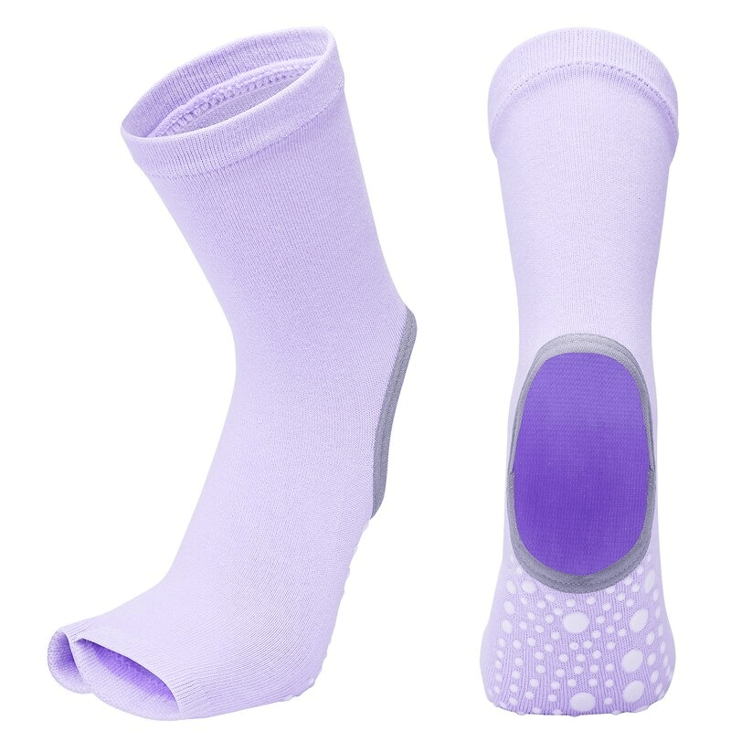 Purple women's open toe non-slip yoga socks with silicone sole, featuring breathable cotton and excellent grip for stability.