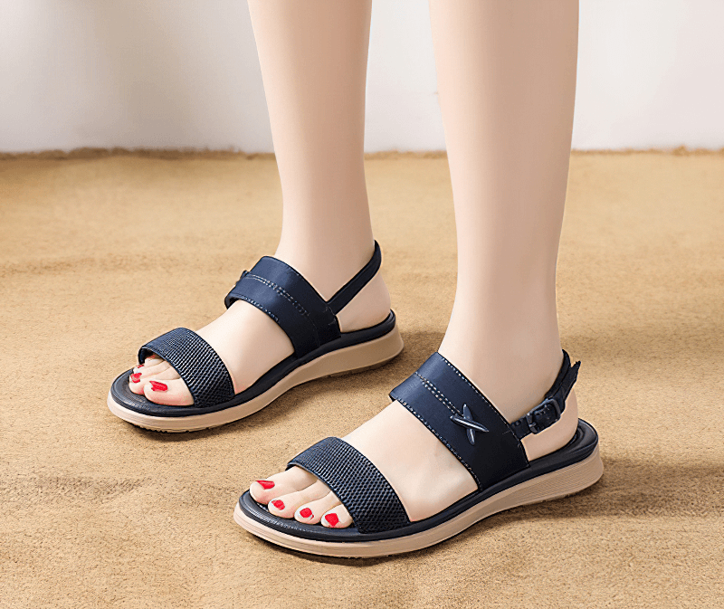 Women's outdoor flat beach sandals in navy with buckle strap. Casual ladies shoes ideal for summer. Stylish and comfy SF0985.