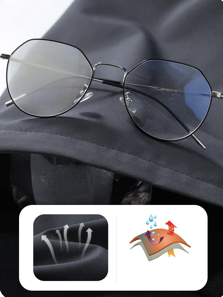 Close-up of waterproof and breathable fabric showcasing windproof properties with trendy eyeglasses for Women's Cycling Jacket SF0084.