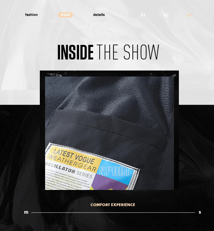 Close-up of a weather gear label on a black jacket, showcasing fashion trend at "Inside the Show" event.