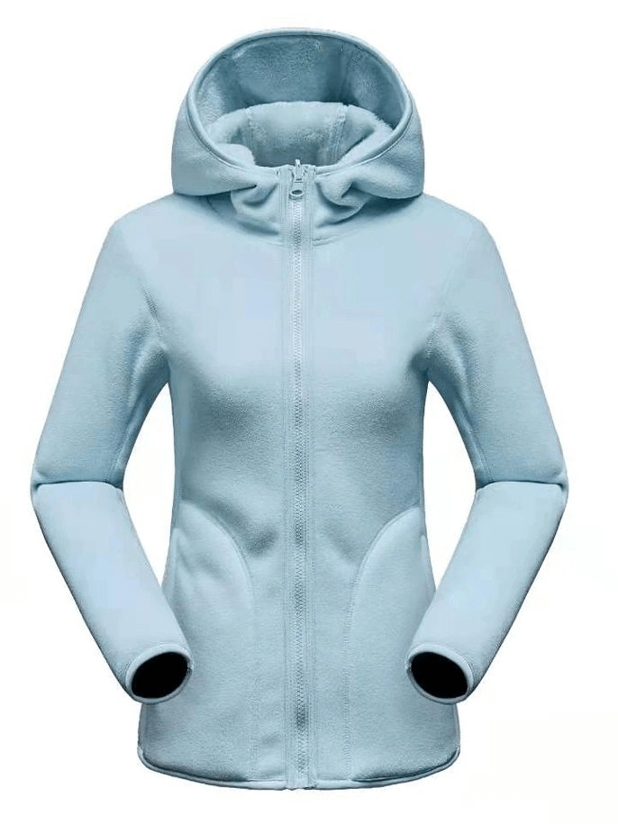 Women's reversible fleece jacket in light blue, stylish zipper pullover with hood, cozy and fashionable design SF0016.