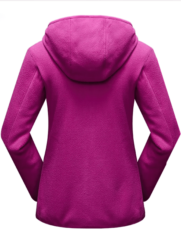 Vibrant pink reversible fleece jacket with hood, featuring stylish zipper pullover design for women's fashion and comfort.