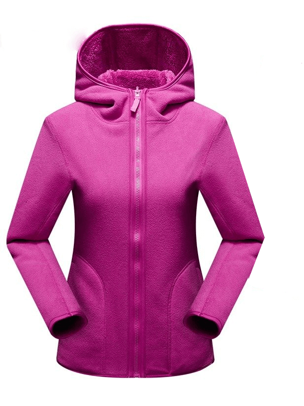 Women's reversible fleece jacket with hood, stylish zipper pullover in vibrant pink, full-sleeve, polyester-spandex blend, SF0016
