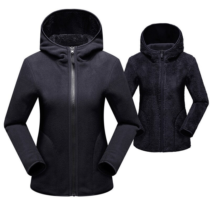 Women's reversible fleece jacket, stylish zipper pullover with hood, SF0016, showcasing both solid and plush sides.