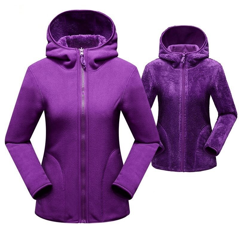Women's Reversible Fleece Jacket with Hood in Purple - Stylish Zipper Pullover, Polyester and Spandex, Dual Fashion Looks