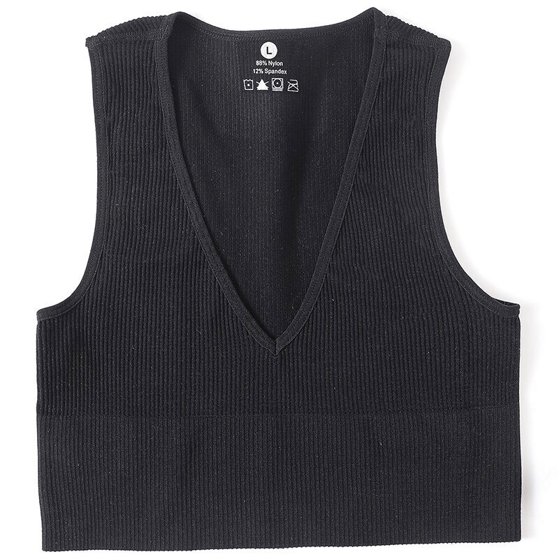 Women's ribbed seamless black tank top, deep V-neck design, perfect for sports and yoga. Made from 88% polyester and 12% spandex.