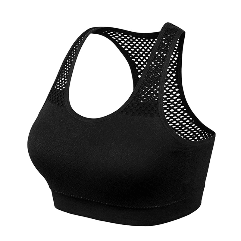 Women's black seamless yoga top with mesh panel, sports cropped bra made of quick-dry lightweight fabric, perfect for workouts.