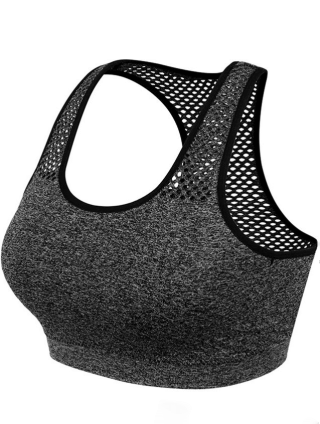 Women's seamless yoga top, sports cropped bra in gray with black mesh detail, quick dry and breathable for workouts, SKU SF0032