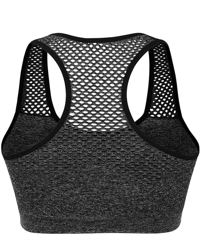 Women's seamless quick dry mesh back yoga top, sports cropped bra in black. Ideal for workouts and staying cool during exercise.