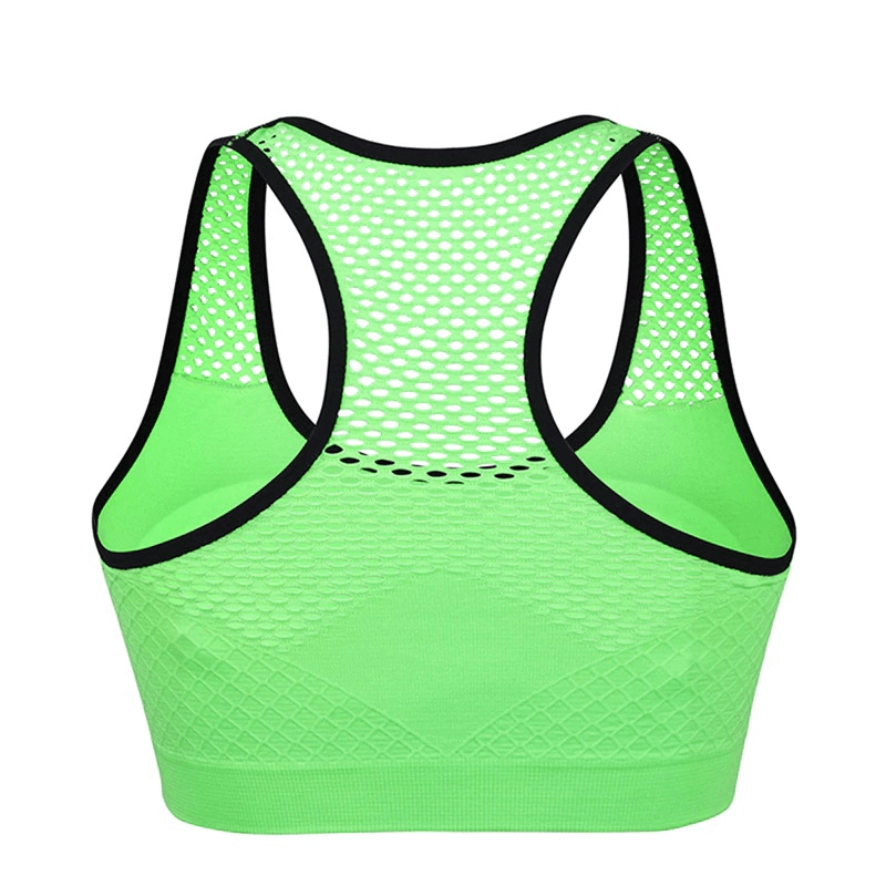 Green seamless yoga top with mesh back, featuring quick-dry fabric for sports and workouts.
