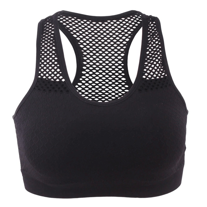 Women's seamless yoga top, black sports cropped bra with mesh back, quick dry design for comfort during workouts, SF0032 style.